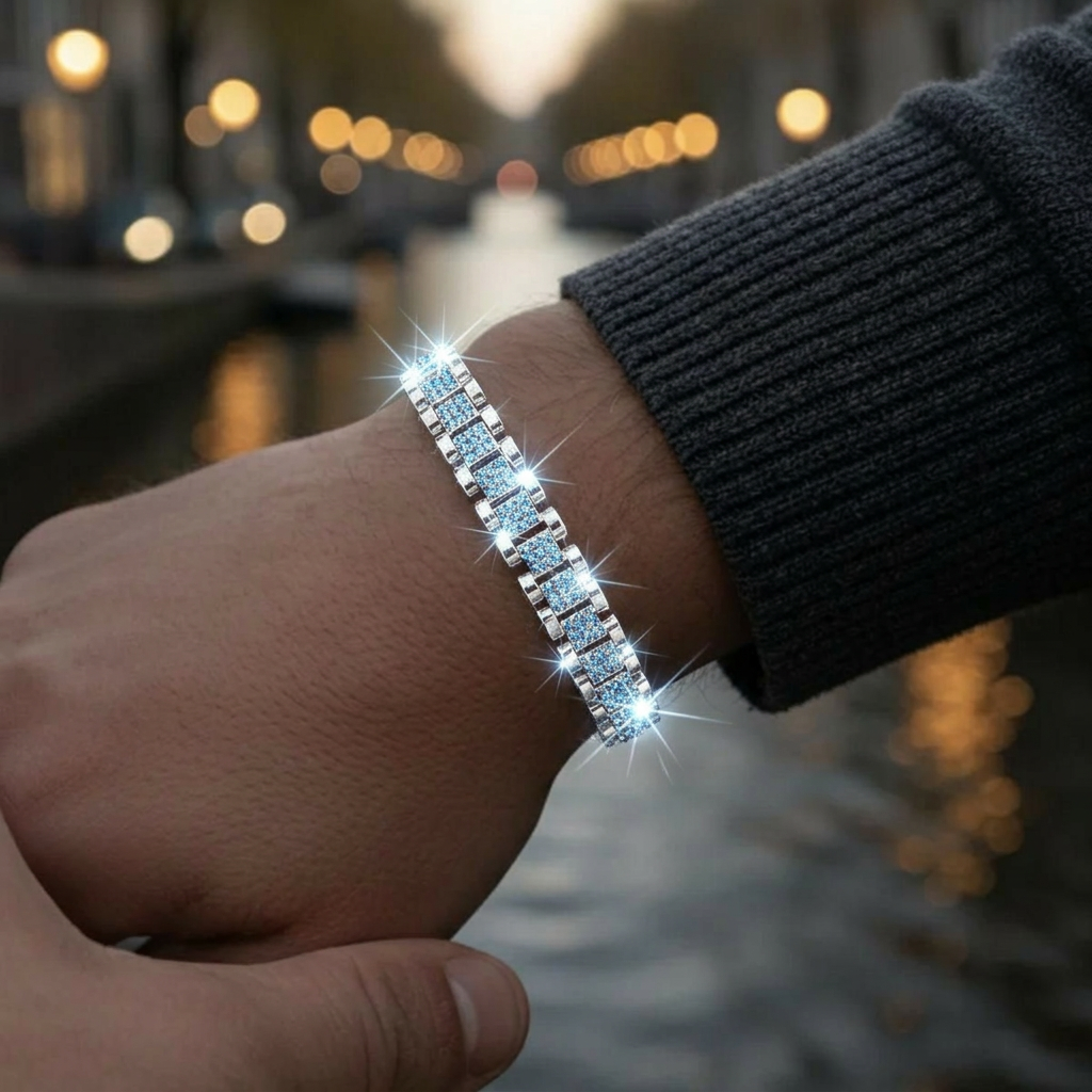 Bubble Letter Iced Out Silver Watch Belt Link Bracelet for Men Real Gold Plated Cubic Zirconia Hip Hop Jewelry