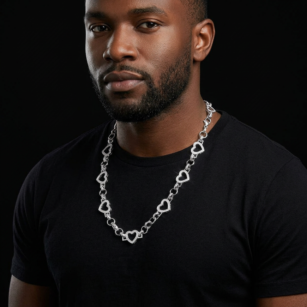 Bubble Letter Iced Out Hollow Heart Belcher Link Chain for Women Real Gold Plated Hip Hop Jewelry