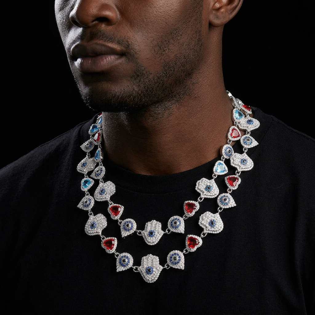 Bubble Letter Iced Out Hand Heart Drop Chain Necklace for Men Real Gold Plated Copper Cubic Zirconia Hip Hop Jewelry