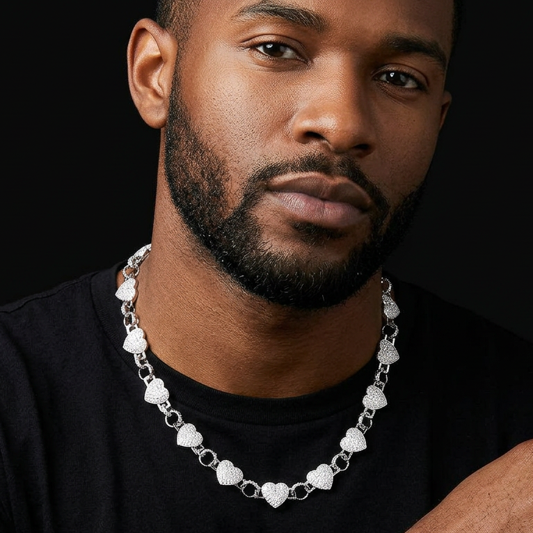 Bubble Letter Belcher Link Heart Chain Necklace for Men Real Gold Plated Copper Cubic Zirconia Hip Hop Jewelry