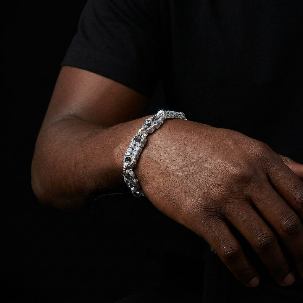 Bubble Letter Iced Out Blue Stones Star Bar Link Bracelet for Men Real Copper Cubic Zirconia Gold Plated Hip Hop Jewelry