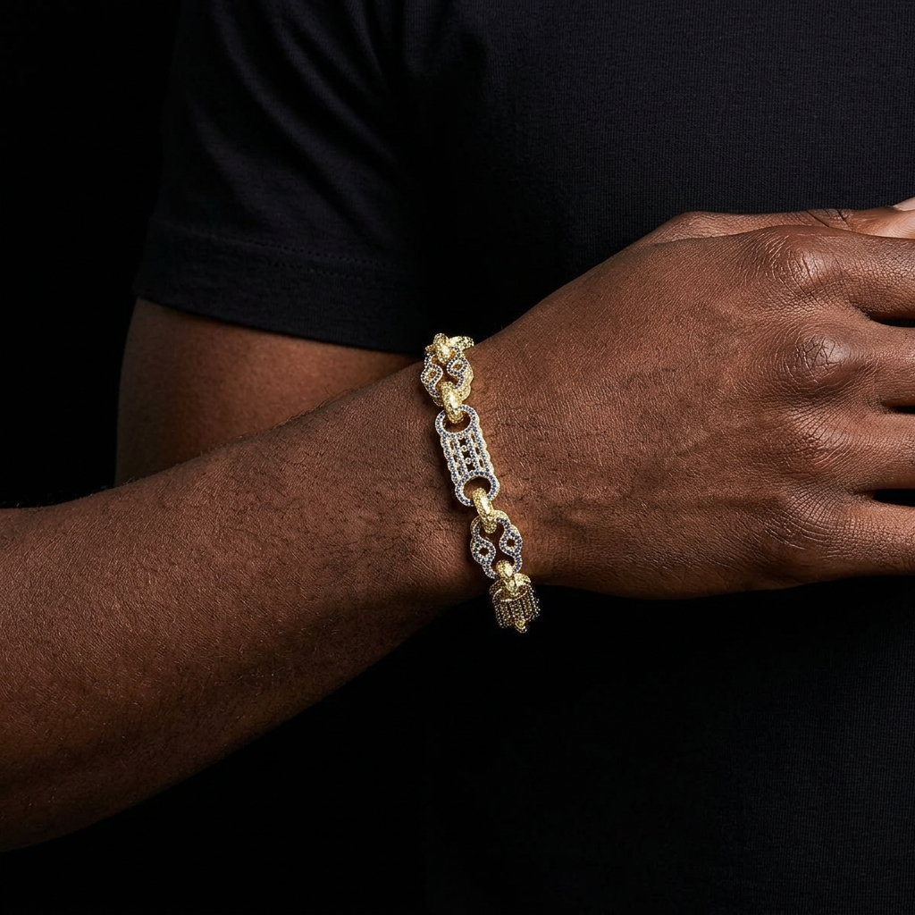 Bubble Letter Iced Out Gold Watch Belt Link Bracelet for Men Real Gold Plated Cubic Zirconia Hip Hop Jewelry