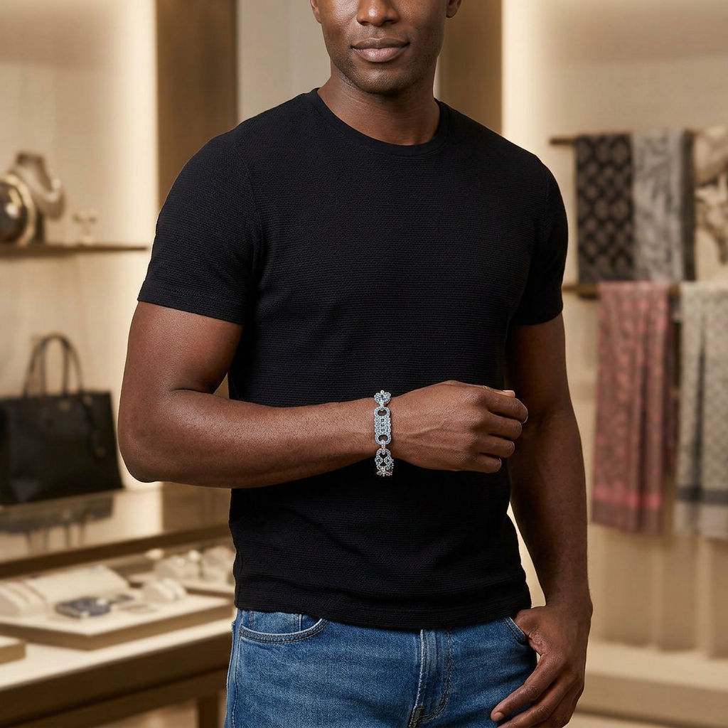 Bubble Letter Iced Out Blue Stones Star Bar Link Bracelet for Men Real Copper Cubic Zirconia Gold Plated Hip Hop Jewelry