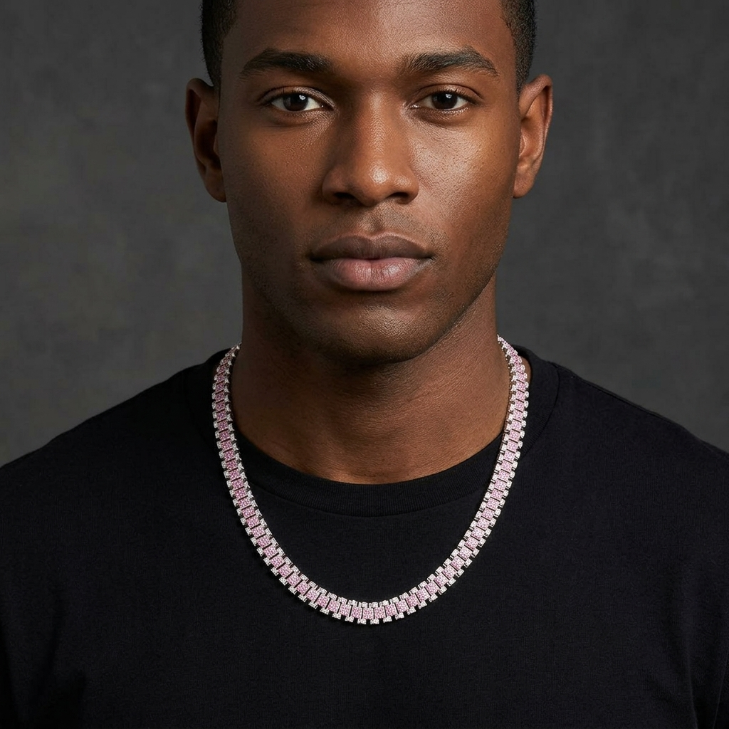 Bubble Letter Iced Out Silver Watch Belt Link Chain for Men Necklace Choker Real Gold Plated Cubic Zirconia Hip Hop Jewelry