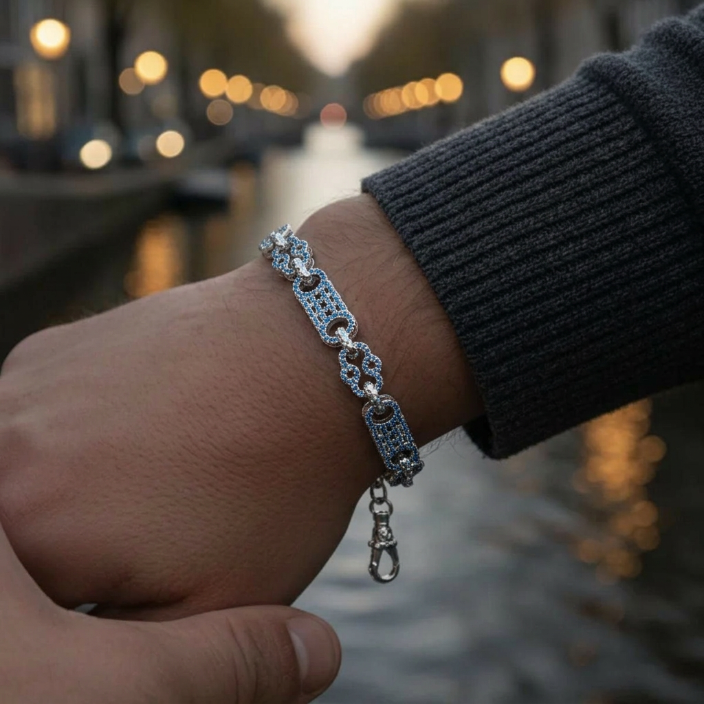 Bubble Letter Iced Out Blue Stones Star Bar Link Bracelet for Men Real Copper Cubic Zirconia Gold Plated Hip Hop Jewelry