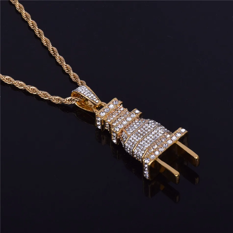 Bubble Letter Men's Iced Bling Plug Pendant Necklace Gold Color Charms Micro Pave Full Rhinestone Hip Hop Jewelry