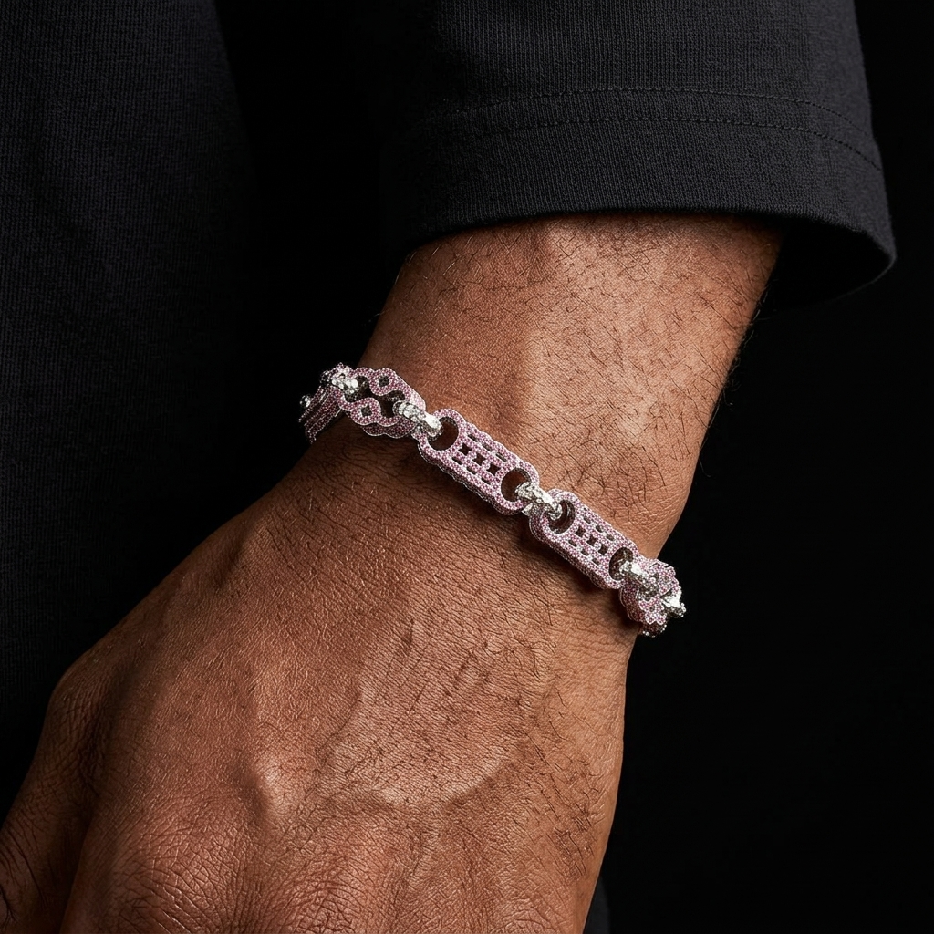 Bubble Letter Iced Out Blue Stones Star Bar Link Bracelet for Men Real Copper Cubic Zirconia Gold Plated Hip Hop Jewelry