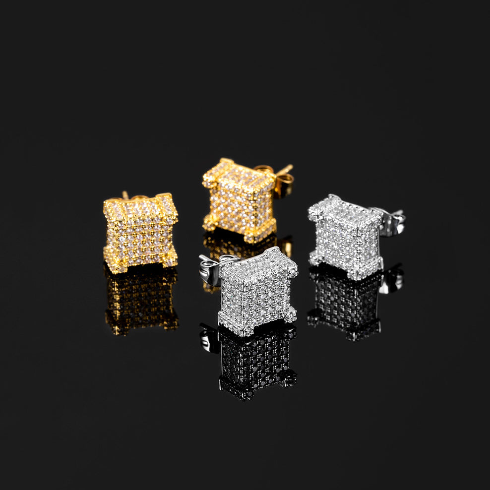 Bule lettebbr 10x10mm Mens Zircon Earring Hip hop style Copper Material Iced Bling CZ Square Stud Earrings Screw-back Fashion Jewelry