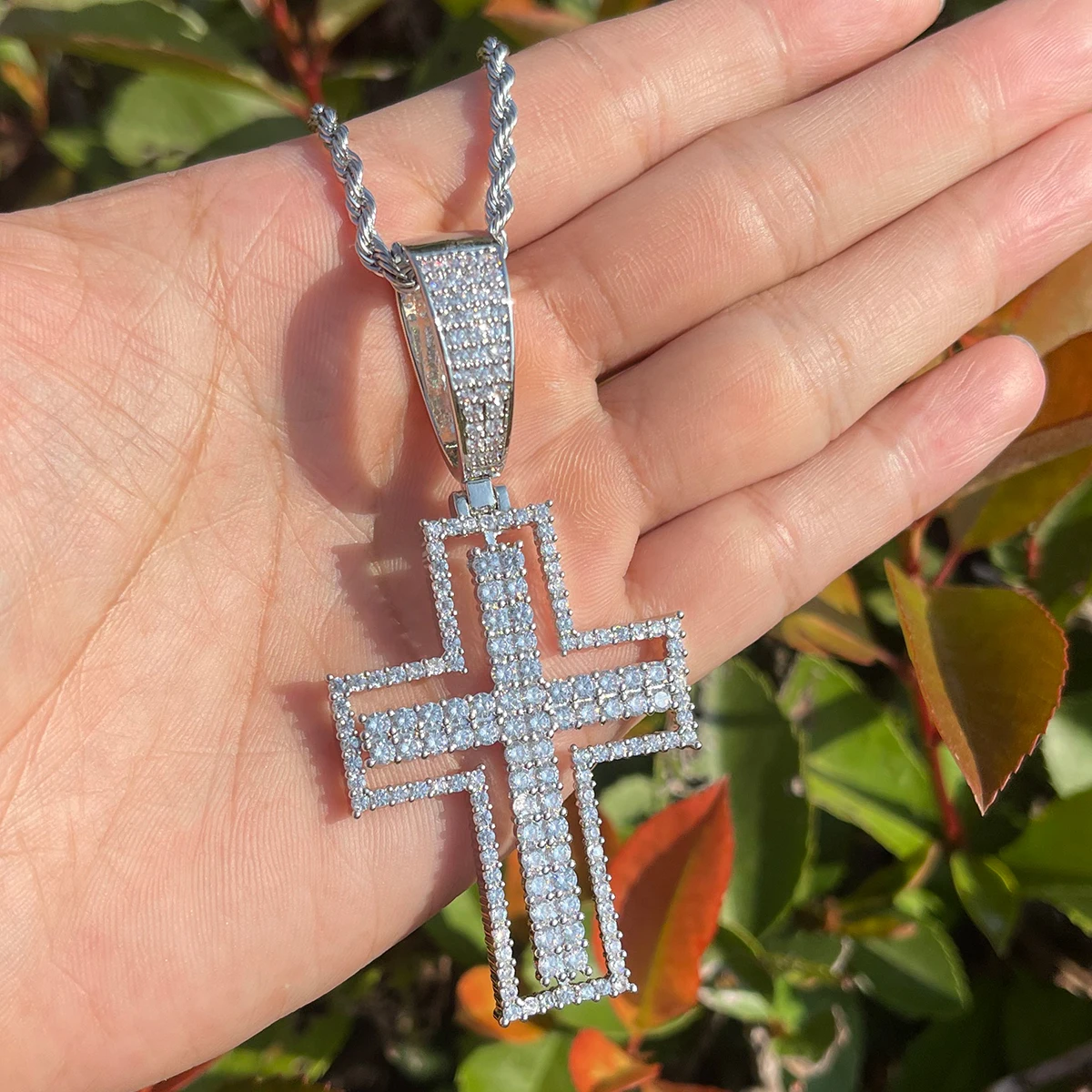 Bubble Letter Iced Out Hollow Cross Necklace for Men Prong Setting Pendant Copper Material Real Gold Plated Hip Hop Jewelry