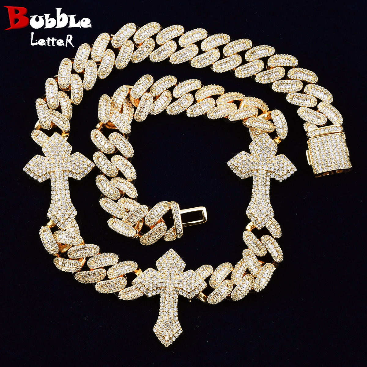 Bubble Letter Iced Out Cuban Link Chain for Men Necklace Choker Cross Real Copper Cubic Zirconia Micro Pave Hip Hop Jewelry