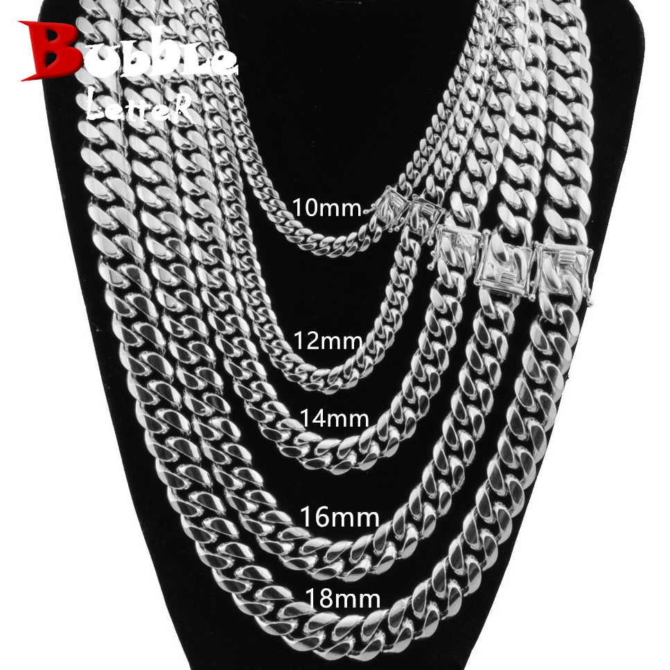 Bubble Letter Stainless Steel Miami Cuban Link Chain for Men Necklace Choker PVD Plating Real Silver Plated Lobster Clasp Hip Hop Jewelry