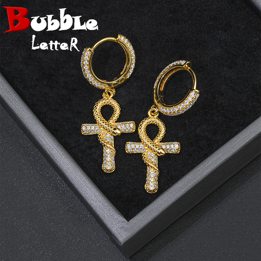 Bubble Letter Silver Moissanite VVS Snake Cross Eardrop Earring for Women Hip Hop Jewelry
