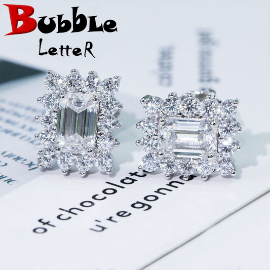 Bubble Letter Silver Moissanite VVS Edge Baguette Stud Earring for Men Hip Hop Jewelry