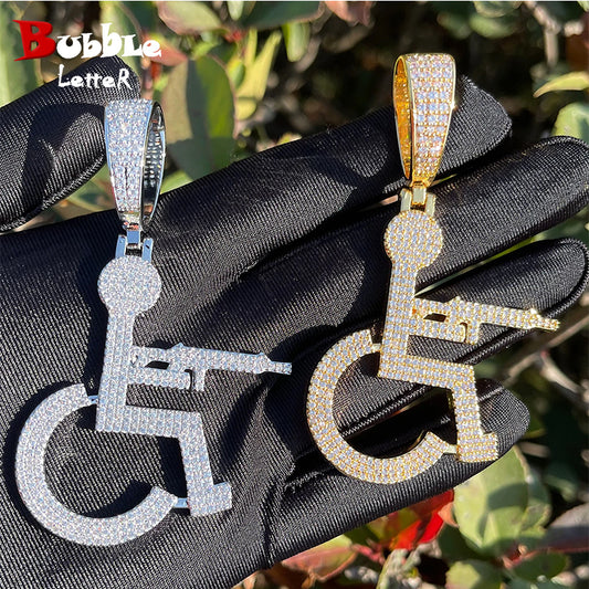 Bubble Letter Iced Out Wheel Chair Gang Necklace Pendant for Men Prong Setting Cubic Ziconia Hip Hop Fashion Jewelry