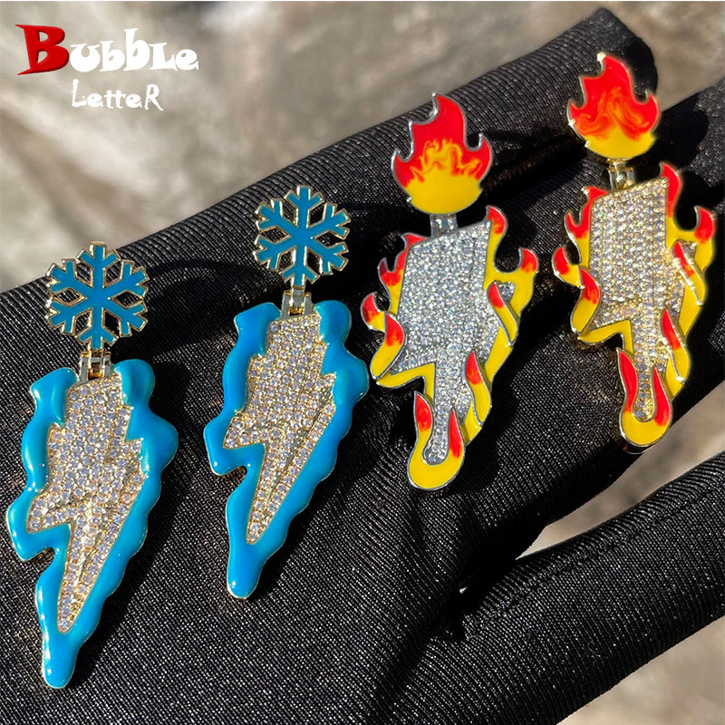 Bubble Letter Snow Fire Lightning Pendant for Men Dripping Oil Prong Setting Necklace Hip Hop Jewelry