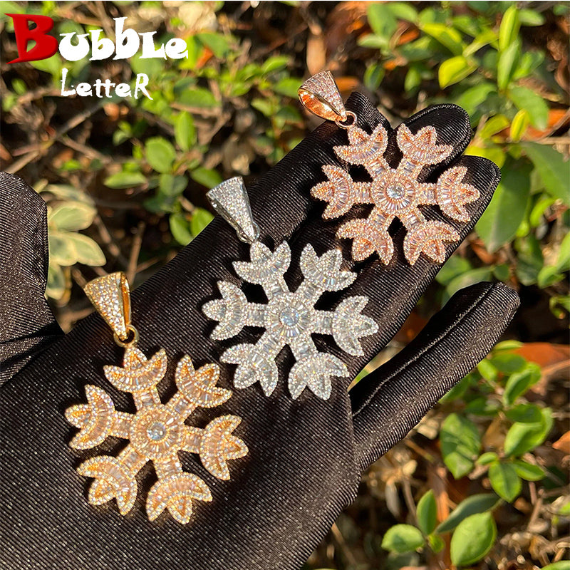 Bubble Letter Baguette Snow Flower Necklace for Men Iced Out Pendant Real Gold Plated Hip Hop Fashion Jewelry Bling Charms