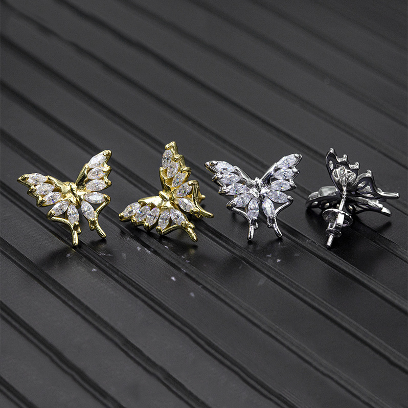 Bubble Letter Silver Moissanite VVS Butterfly Stud Earring for Women Hip Hop Jewelry