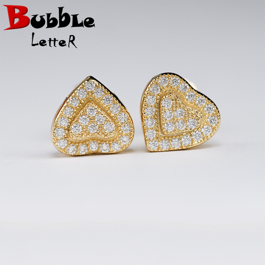 Bubble Letter Silver Moissanite VVS Double Heart Stud Earring for Men Hip Hop Jewelry