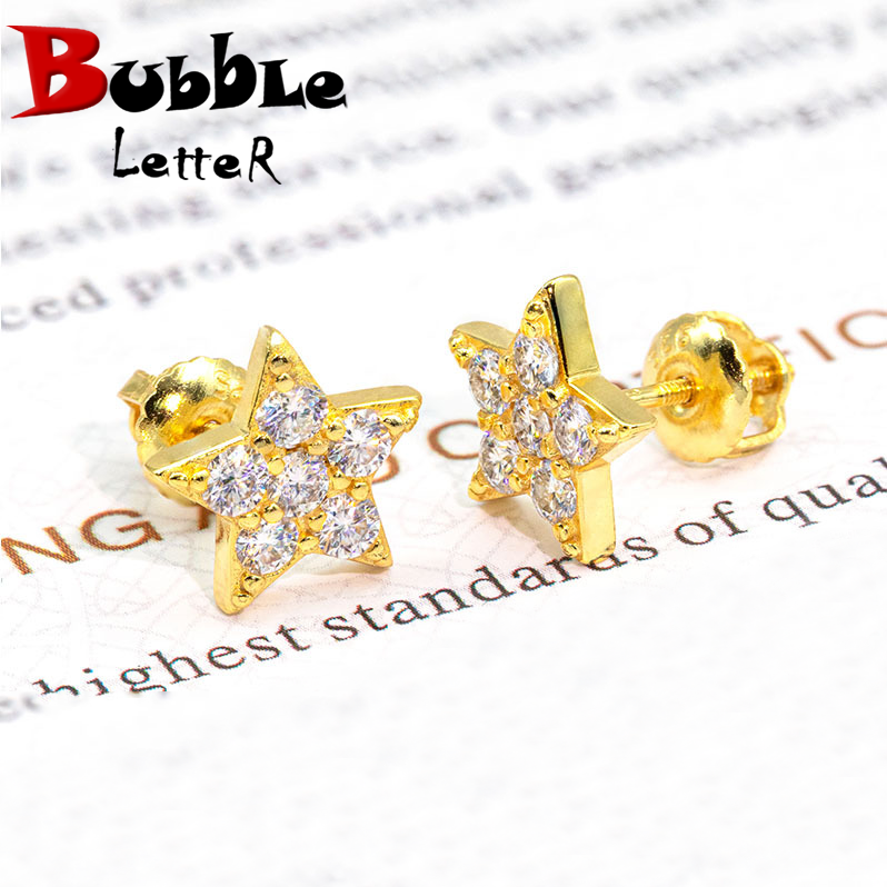 Bubble Letter Silver Moissanite VVS Five Star Stud Earring for Men Hip Hop Jewelry