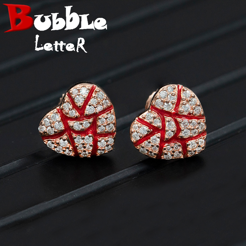 Bubble Letter Silver Moissanite VVS Blood Heart Stud Earring for Women Hip Hop Jewelry