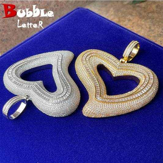 Bubble Letter Tilted Heart Pendant Baguette Necklace Glossy Charms Iced Out Prong Setting Hip Hop Jewelry