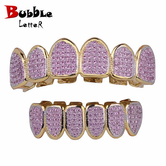 Hip Hop teeth Grillz Iced Out AAA Pink Color Zircon Fang Mouth Teeth Caps Top & Bottom Tooth Set Men Women Grills Jewelry