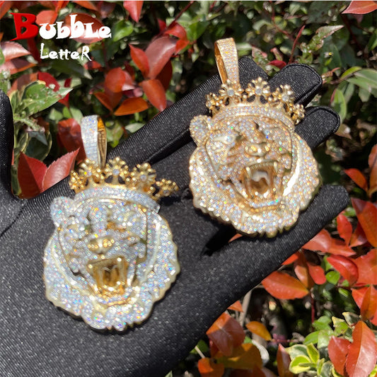 Bubble Letter Lion Crown Necklace for Men Iced Out Prong Setting Pendant Chain Double Color Hip Hop Jewelry