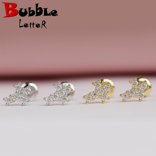 Bubble Letter Silver Moissanite VVS Tiny Cross Stud Earring for Men Hip Hop Jewelry