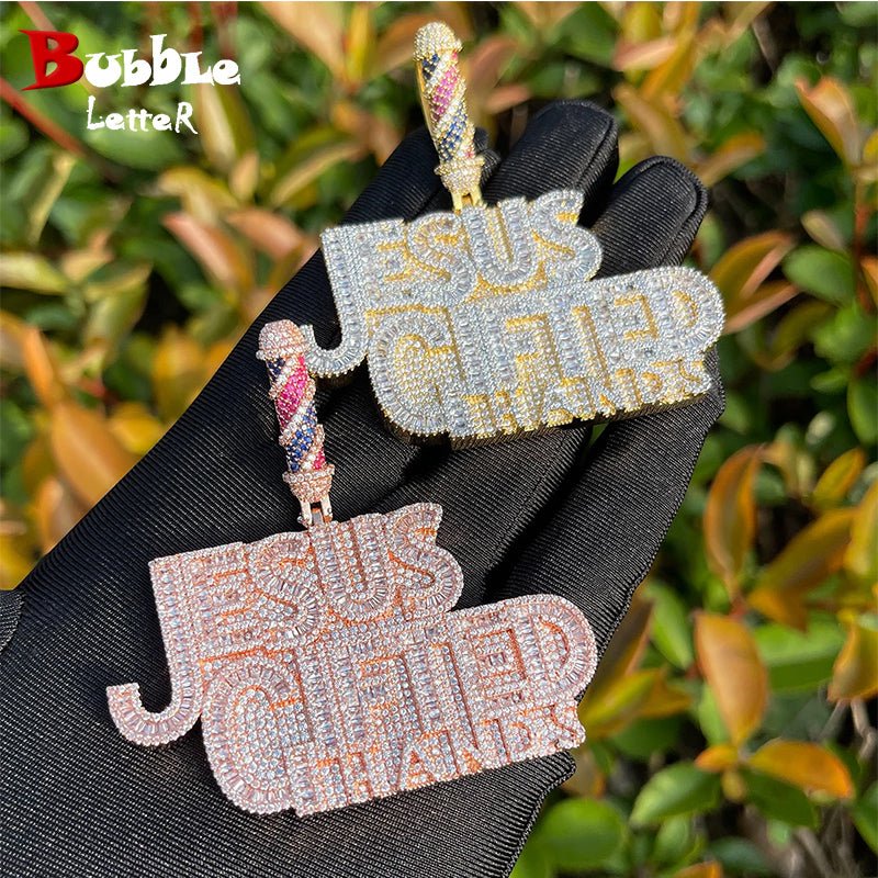 Bubble Letter Iced Out Necklace for Men Prong Setting Jesus Gifted Hands Pendant Hip Hop Jewelry