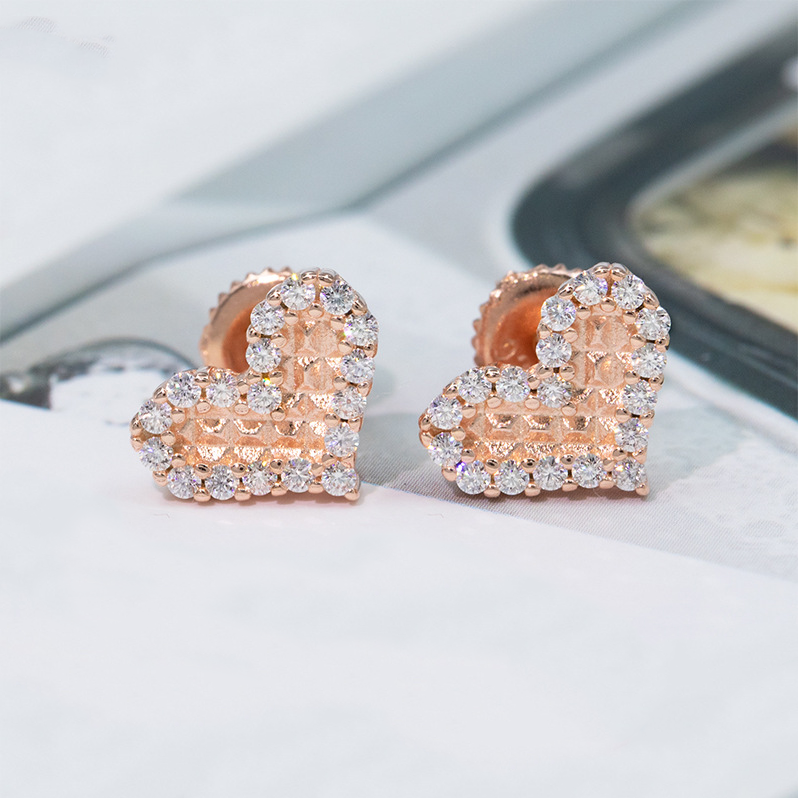 Bubble Letter Silver Moissanite VVS Crooked Heart Stud Earring for Men Hip Hop Jewelry