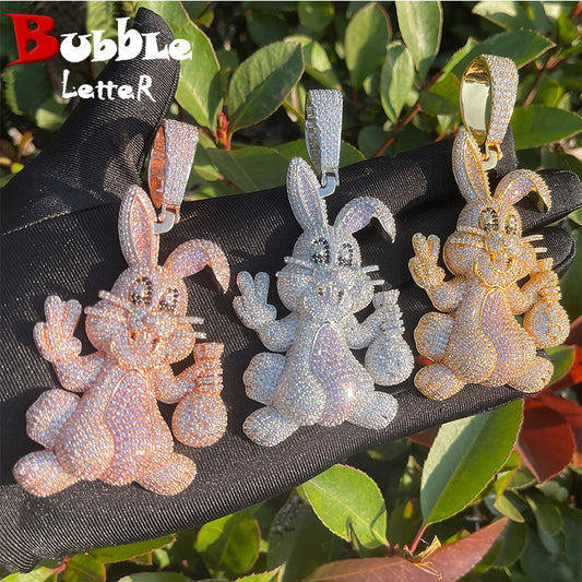 Bubble Letter Prong Rabbit Necklace Pendant for Women Cubic Zirconia Real Copper Iced Out Charm Hip Hop Jewelry