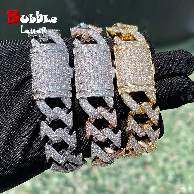 Bubble Letter Iced Out Miami Cuban Link Bracelet for Men Prong Setting Real Gold Plated Cubic Zirconia Hip Hop Jewelry