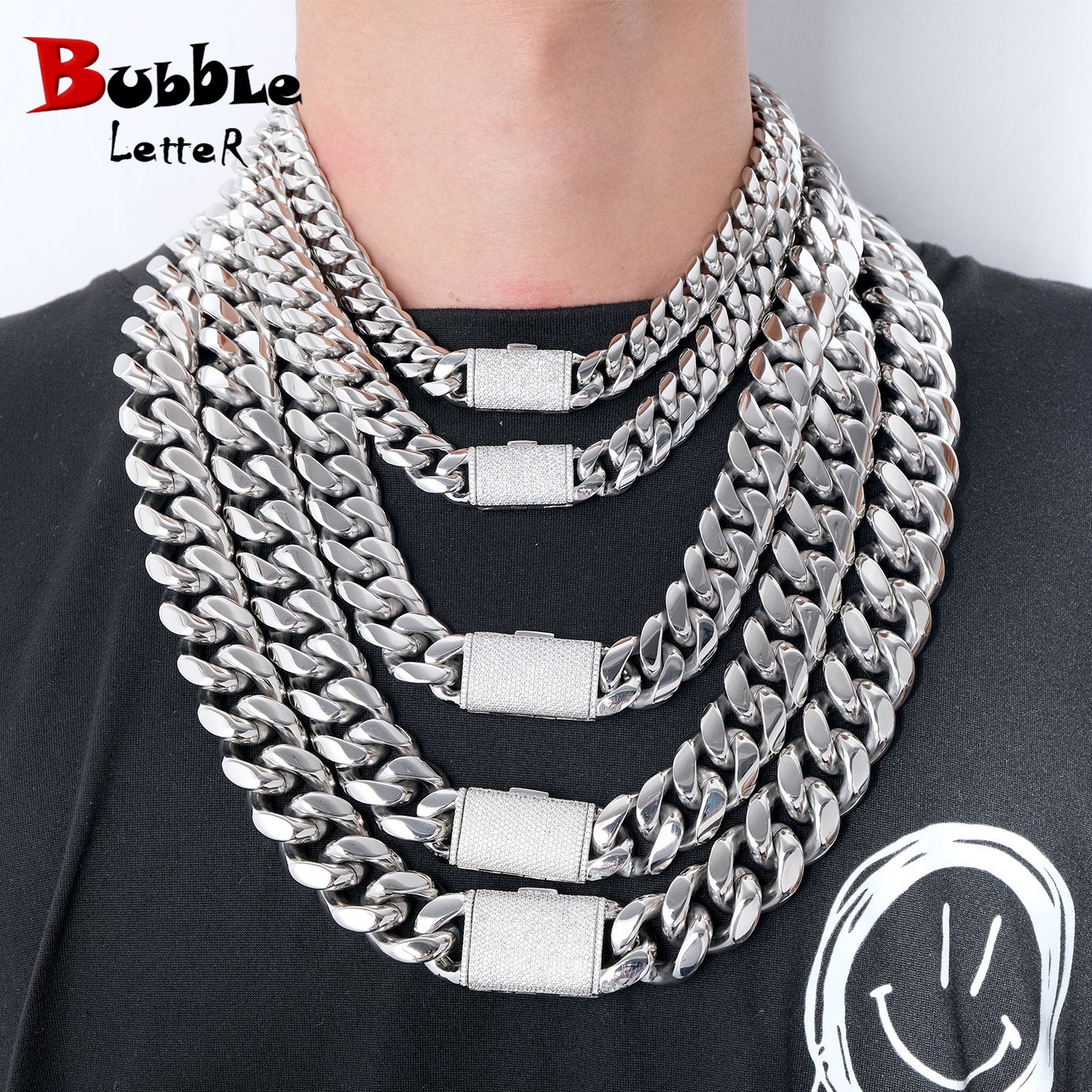 Bubble Letter Stainless Steel Miami Cuban Link Chain for Men Necklace Choker PVD Plating Real Silver Plated Flip Button Hip Hop Jewelry