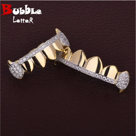 Bubble Letter Hip Hop Grillz Teeth Iced Zircon Fang Mouth teeth Caps Top & Bottom Tooth Set Men Women Vampire Fashion Jewelry