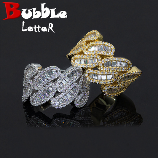 Bubble Letter Silver Moissanite VVS Baguette Cuban Ring for Men Hip Hop Jewelry