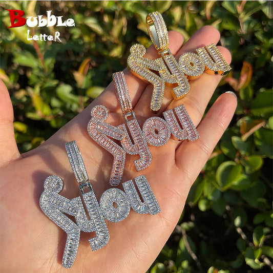 Bubble Letter Iced Out Necklace for Men Baguette Prong Setting Pendants Real Copper Cubic Zirconia Hip Hop Jewelry