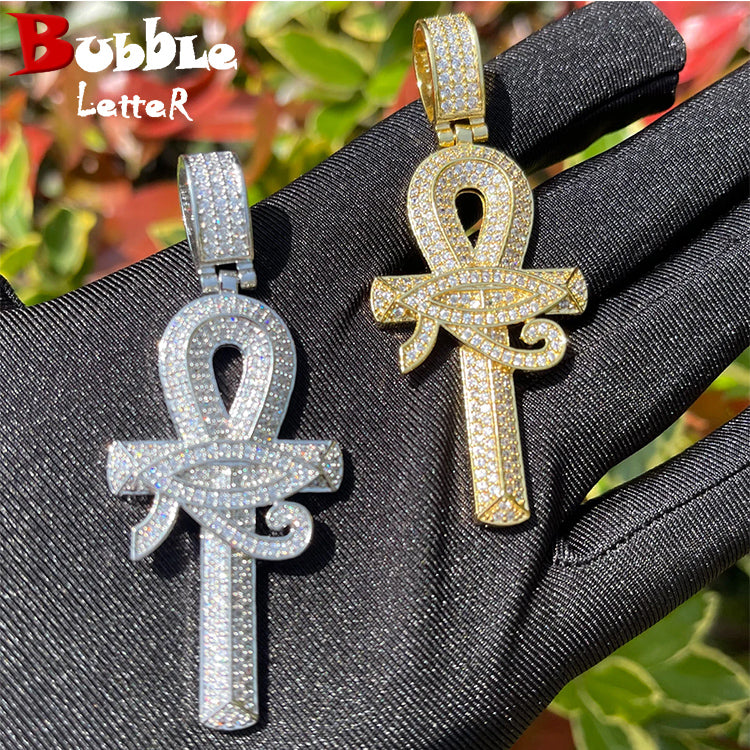 Bubble Letter Eye of Horus Ankh Cross Pendant Necklace Chain for Men Cubic Zircon Hip Hop Rock Rapper Style Jewelry