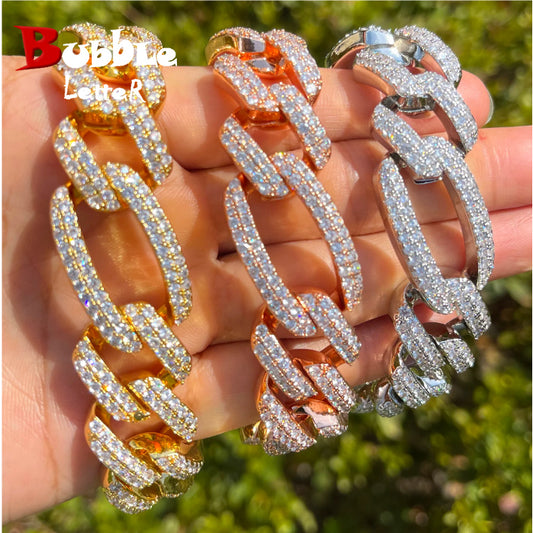 Bubble Letter Iced Out Figaro Bracelet for Men Cuban Link Prong Setting Real Gold Plated Hip Hop Jewelry