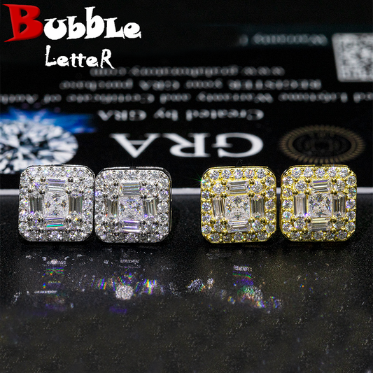 Bubble Letter Silver Moissanite VVS Square Baguette Stud Earring for Men Hip Hop Jewelry