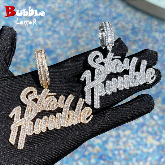 Bubble Letter Stay Humble Necklace for Men Iced Out Pendant Real Gold Plated Cubic Zirconia Hip Hop Jewelry