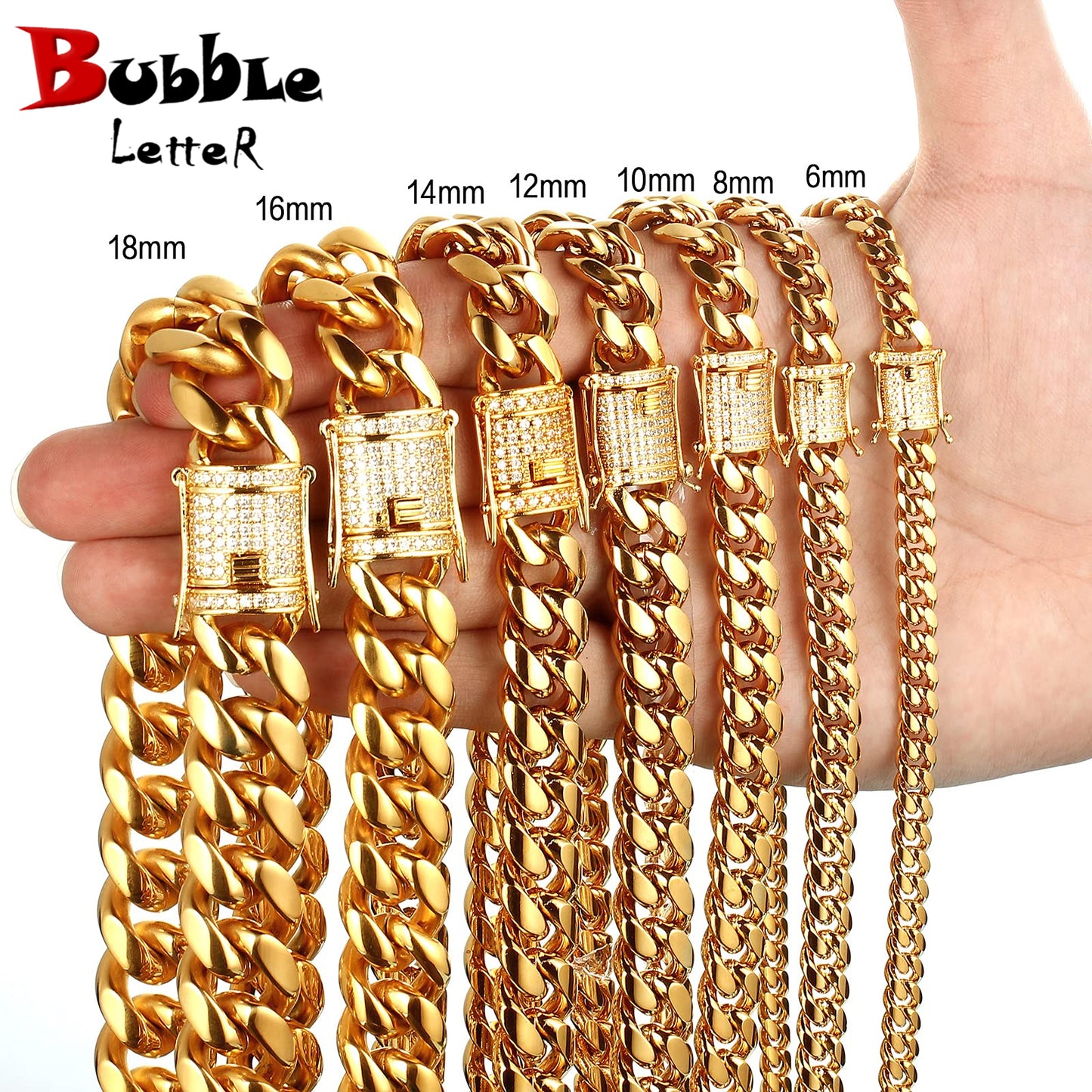 Bubble Letter Stainless Steel Miami Cuban Link Chain for Men Necklace Choker PVD Gold Plated Lobster Ice Clasp Hip Hop Jewelry
