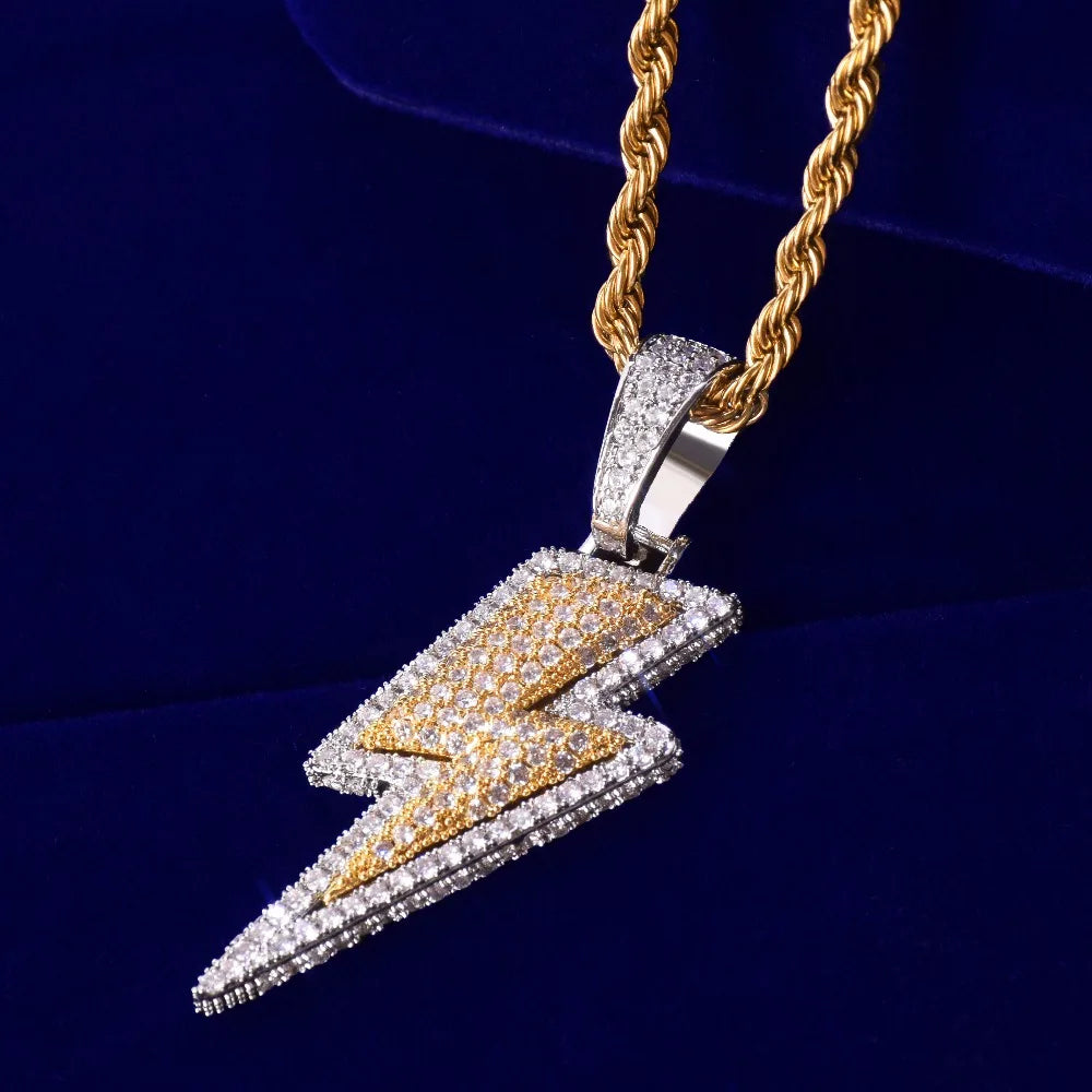 Bubble Letter Lightning Shape Pendant Necklace Bling Cubic Zircon Men's Hip Hop Rock Jewelry