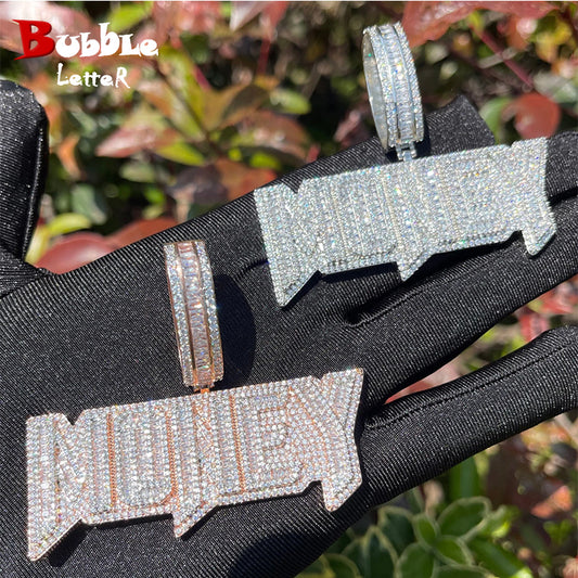 Bubble Letter Money Necklace for Men Iced Out Pendant Real Gold Plated Cubic Zirconia Hip Hop Jewelry