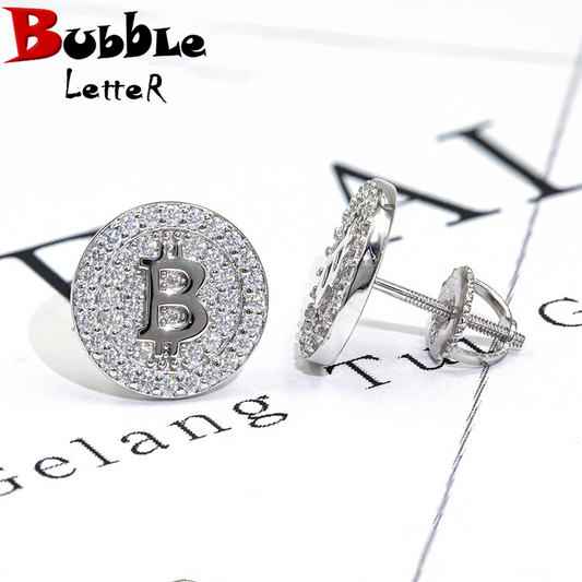 Bubble Letter Silver Moissanite VVS Bitcoin Stud Earring for Men Hip Hop Jewelry