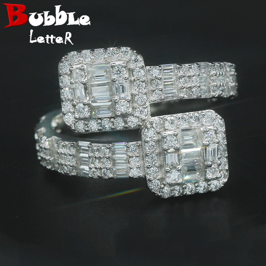 Bubble Letter Silver Moissanite VVS Baguette Women Ring Hip Hop Jewelry
