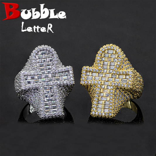 Bubble Letter Silver Moissanite VVS Baguette Ankh Cross Ring for Men Hip Hop Jewelry