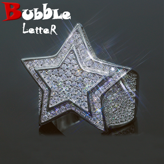 Bubble Letter Silver Moissanite VVS Two Layers 5 Stars Ring for Men Hip Hop Jewelry