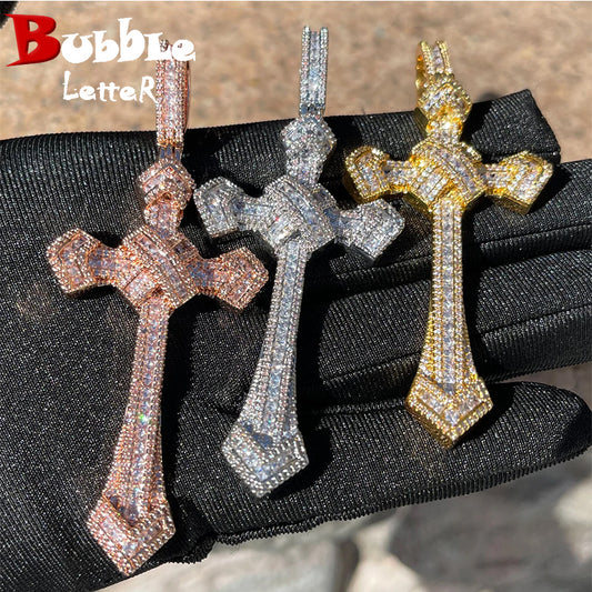 Bubble Letter Iced Out Cross Necklace for Men Baguette Pendant Prong Setting Real Gold Plated Copper Material Hip Hop Jewelry