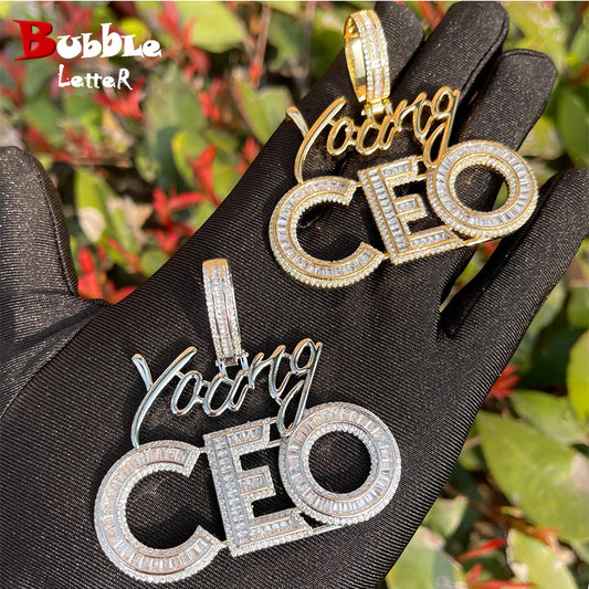 Bubble Letter Iced Out Young CEO Necklace for Men High Quality 5A Cubic Zirconia Real Gold Plated Hip Hop Jewelry