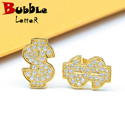 Bubble Letter Silver Moissanite VVS Dollar Sign Stud Earring for Women Hip Hop Jewelry